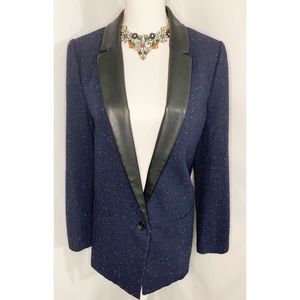 Navy Blue Blazer with Black Faux Leather Collar
